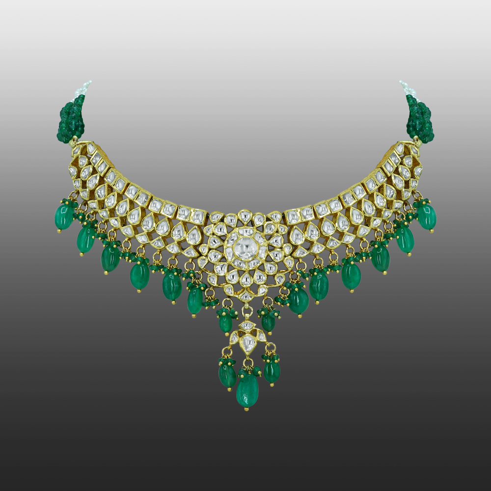 Polki Diamond Necklace with Captivating Design and Emerald Drops